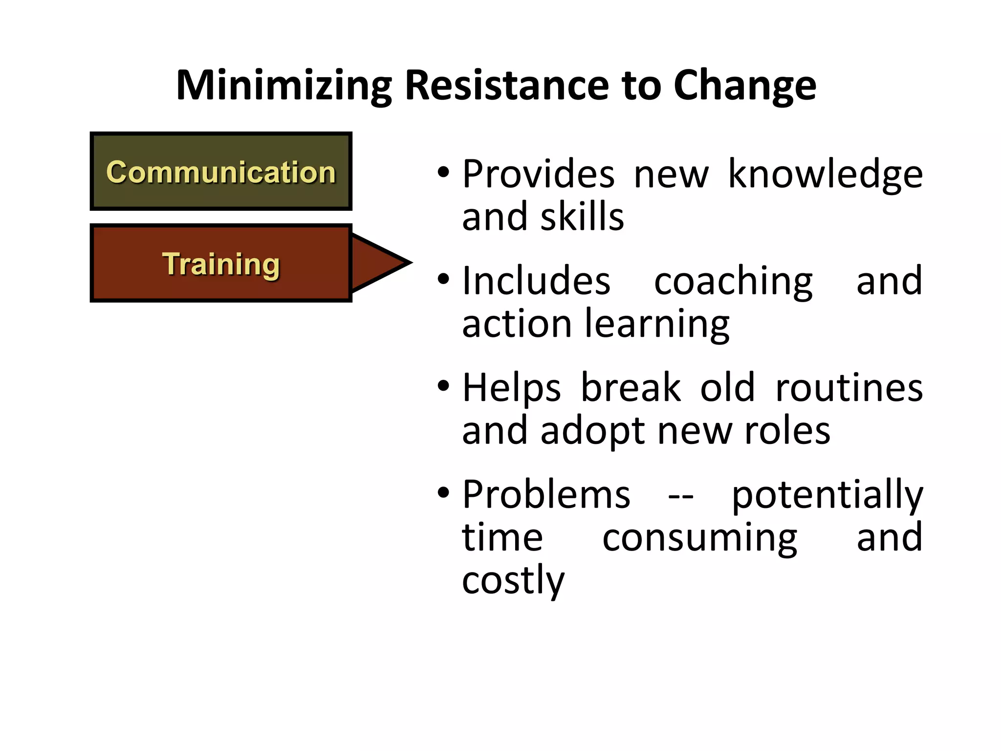 Communication • Provides new knowledge
and skills
• Includes coaching and
action learning
• Helps break old routines
and adopt new roles
• Problems -- potentially
time consuming and
costly
Minimizing Resistance to Change
Training
 