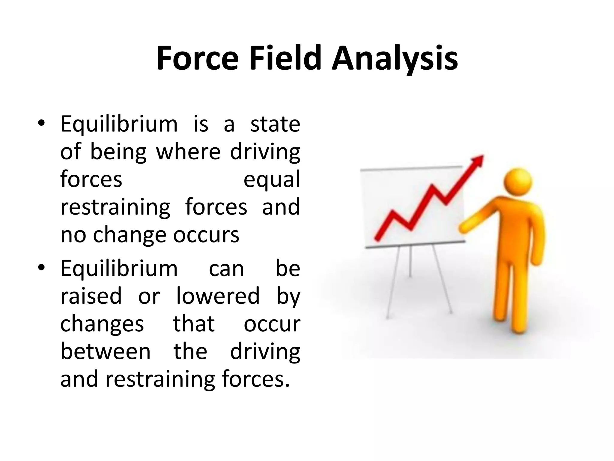 Force Field Analysis
• Equilibrium is a state
of being where driving
forces equal
restraining forces and
no change occurs
• Equilibrium can be
raised or lowered by
changes that occur
between the driving
and restraining forces.
 