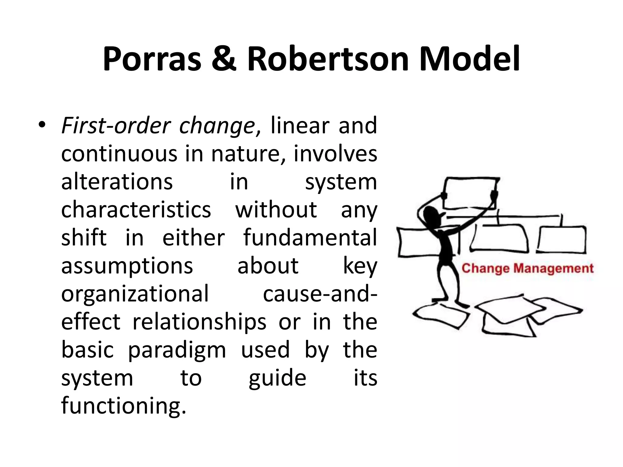 Porras & Robertson Model
• First-order change, linear and
continuous in nature, involves
alterations in system
characteristics without any
shift in either fundamental
assumptions about key
organizational cause-and-
effect relationships or in the
basic paradigm used by the
system to guide its
functioning.
 