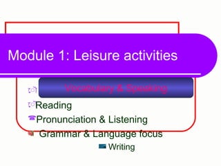 Module 1: Leisure activities
ৌৌৌ
ৌৌৌReading
Pronunciation & Listening
Grammar & Language focus
Writing
Vocabulary & Speaking
 