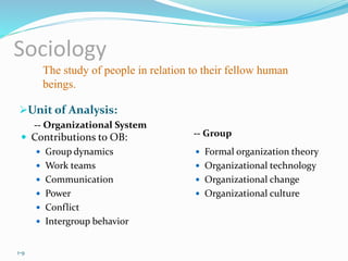Sociology
Unit of Analysis:
-- Organizational System
 Contributions to OB:
 Group dynamics
 Work teams
 Communication
 Power
 Conflict
 Intergroup behavior
-- Group
 Formal organization theory
 Organizational technology
 Organizational change
 Organizational culture
The study of people in relation to their fellow human
beings.
1-9
 