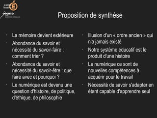 Proposition de synthèse
•
La mémoire devient extérieure
•
Abondance du savoir et
nécessité du savoir-faire :
comment trier ?
•
Abondance du savoir et
nécessité du savoir-être : que
faire avec et pourquoi ?
•
Le numérique est devenu une
question d'histoire, de politique,
d'éthique, de philosophie
•
Illusion d'un « ordre ancien » qui
n'a jamais existé
•
Notre système éducatif est le
produit d'une histoire
•
Le numérique ce sont de
nouvelles compétences à
acquérir pour le travail
•
Nécessité de savoir s'adapter en
étant capable d'apprendre seul
 