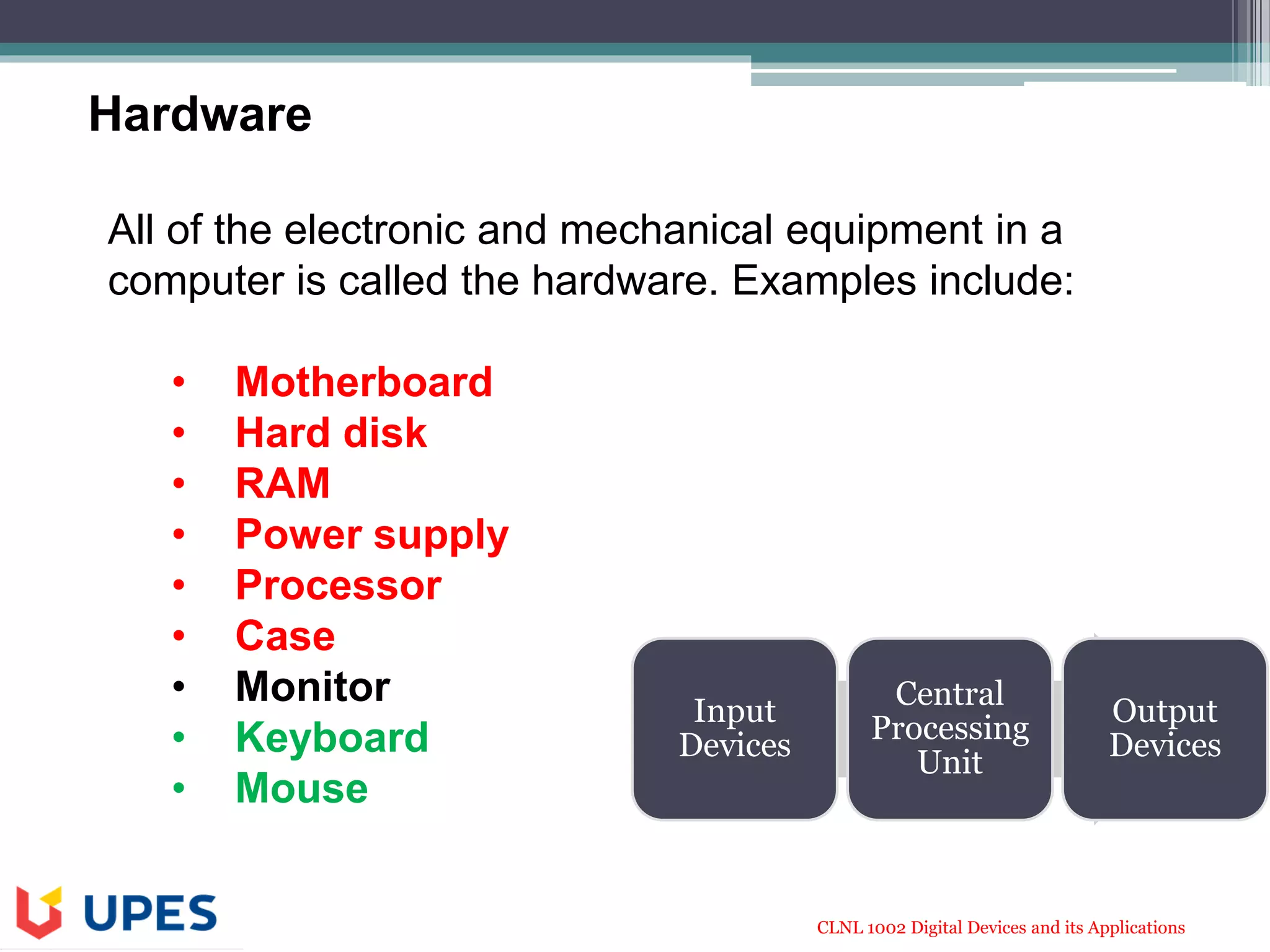 CLNL 1002 Digital Devices and its Applications
All of the electronic and mechanical equipment in a
computer is called the hardware. Examples include:
• Motherboard
• Hard disk
• RAM
• Power supply
• Processor
• Case
• Monitor
• Keyboard
• Mouse
Hardware
Input
Devices
Central
Processing
Unit
Output
Devices
 