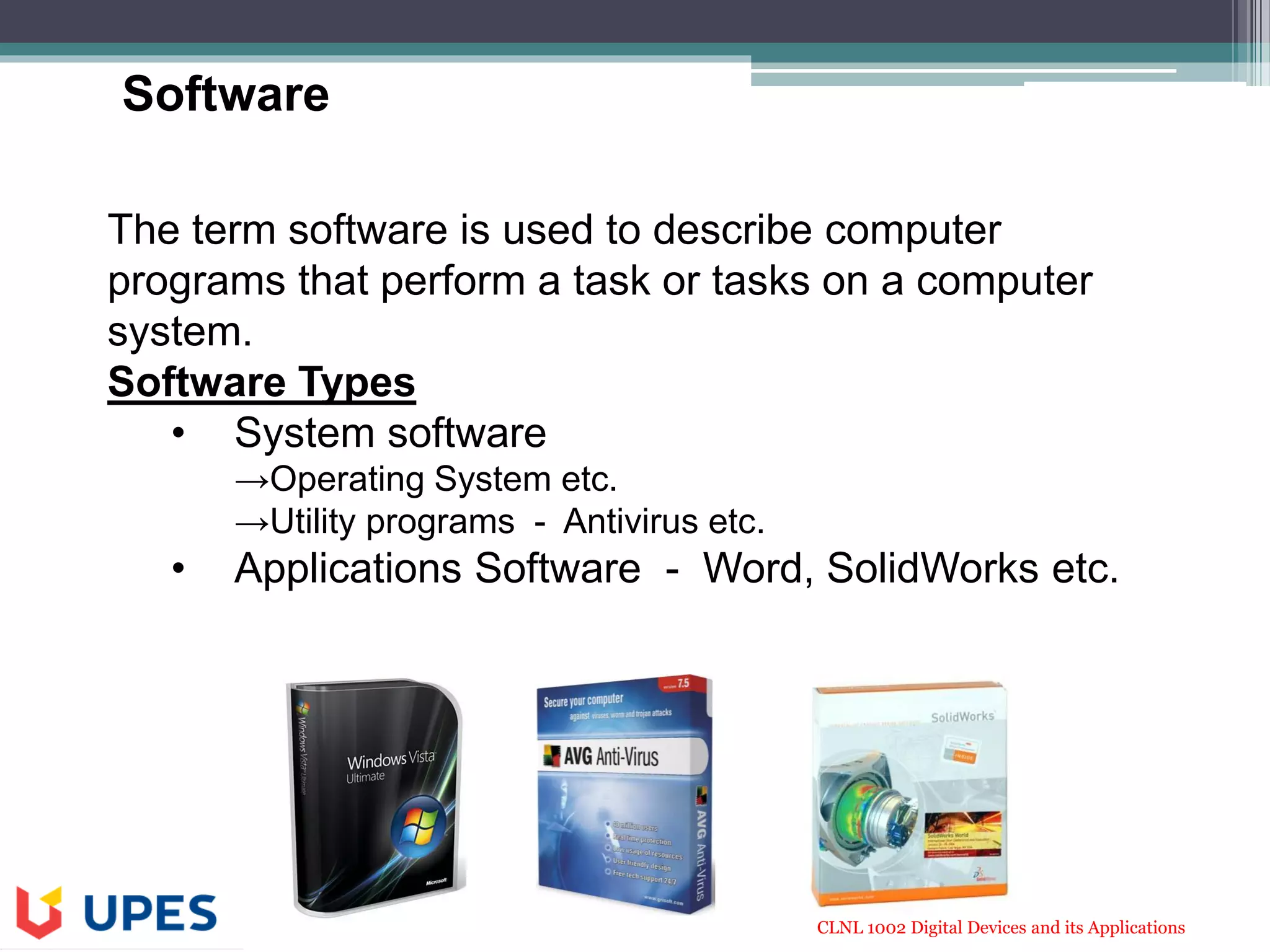 CLNL 1002 Digital Devices and its Applications
The term software is used to describe computer
programs that perform a task or tasks on a computer
system.
Software Types
• System software
→Operating System etc.
→Utility programs - Antivirus etc.
• Applications Software - Word, SolidWorks etc.
Software
 