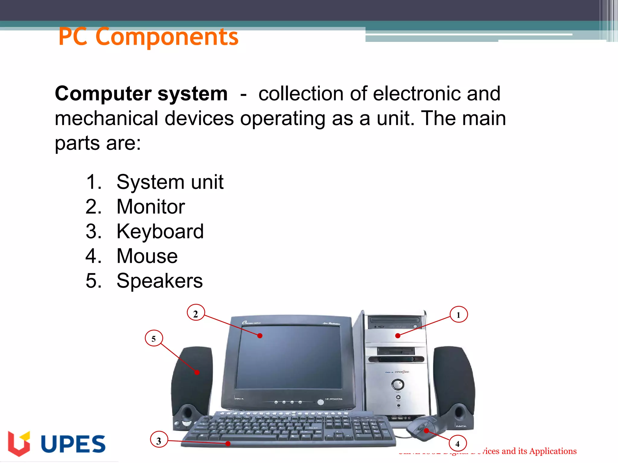 CLNL 1002 Digital Devices and its Applications
PC Components
Computer system - collection of electronic and
mechanical devices operating as a unit. The main
parts are:
1. System unit
2. Monitor
3. Keyboard
4. Mouse
5. Speakers
2
3 4
5
1
 