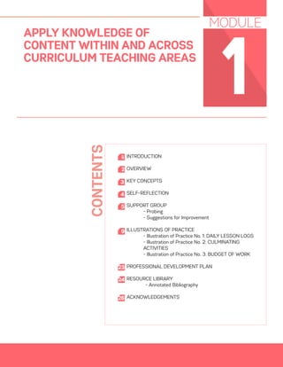 01
1
APPLY KNOWLEDGE OF
CONTENT WITHIN AND ACROSS
CURRICULUM TEACHING AREAS
MODULE
INTRODUCTION
OVERVIEW
KEY CONCEPTS
SELF-REFLECTION
SUPPORT GROUP
	 - Probing
	 - Suggestions for Improvement
ILLUSTRATIONS OF PRACTICE
- Illustration of Practice No. 1: DAILY LESSON LOGS
- Illustration of Practice No. 2: CULMINATING
ACTIVITIES
- Illustration of Practice No. 3: BUDGET OF WORK
PROFESSIONAL DEVELOPMENT PLAN
RESOURCE LIBRARY
- Annotated Bibliography
ACKNOWLEDGEMENTS
2
ii
3
4
5
9
23
24
CONTENTS
26
 