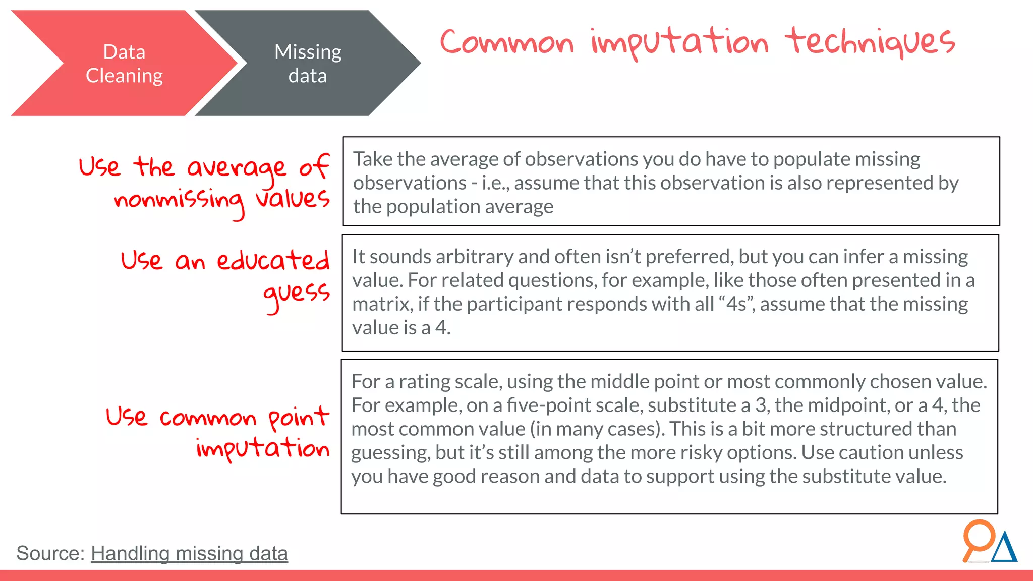 Data
Cleaning
Common imputation techniques
Take the average of observations you do have to populate missing
observations - i.e., assume that this observation is also represented by
the population average
Missing
data
Use the average of
nonmissing values
Use an educated
guess
Use common point
imputation
It sounds arbitrary and often isn’t preferred, but you can infer a missing
value. For related questions, for example, like those often presented in a
matrix, if the participant responds with all “4s”, assume that the missing
value is a 4.
For a rating scale, using the middle point or most commonly chosen value.
For example, on a ﬁve-point scale, substitute a 3, the midpoint, or a 4, the
most common value (in many cases). This is a bit more structured than
guessing, but it’s still among the more risky options. Use caution unless
you have good reason and data to support using the substitute value.
Source: Handling missing data
 