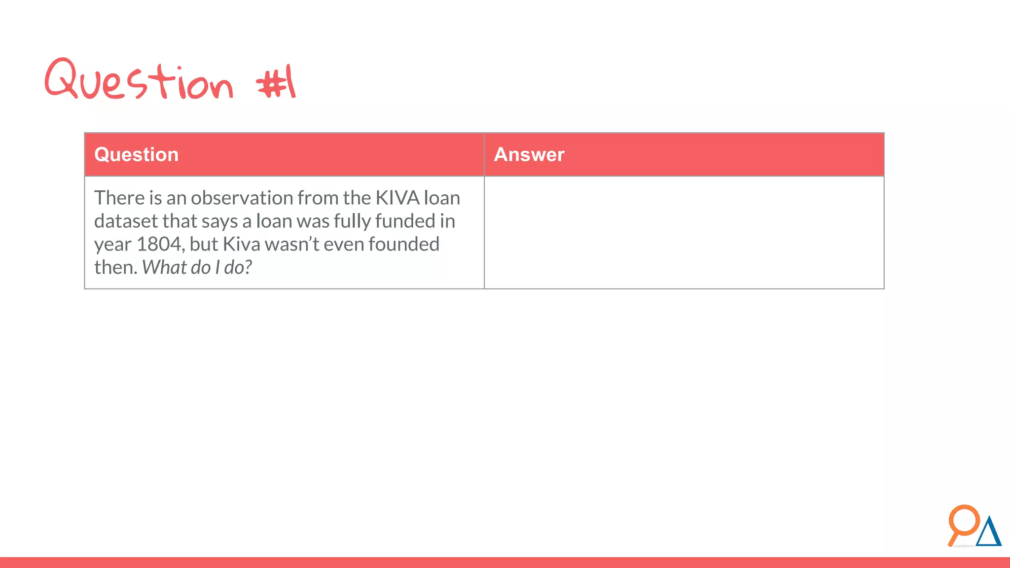 Question Answer
There is an observation from the KIVA loan
dataset that says a loan was fully funded in
year 1804, but Kiva wasn’t even founded
then. What do I do?
Question #1
 