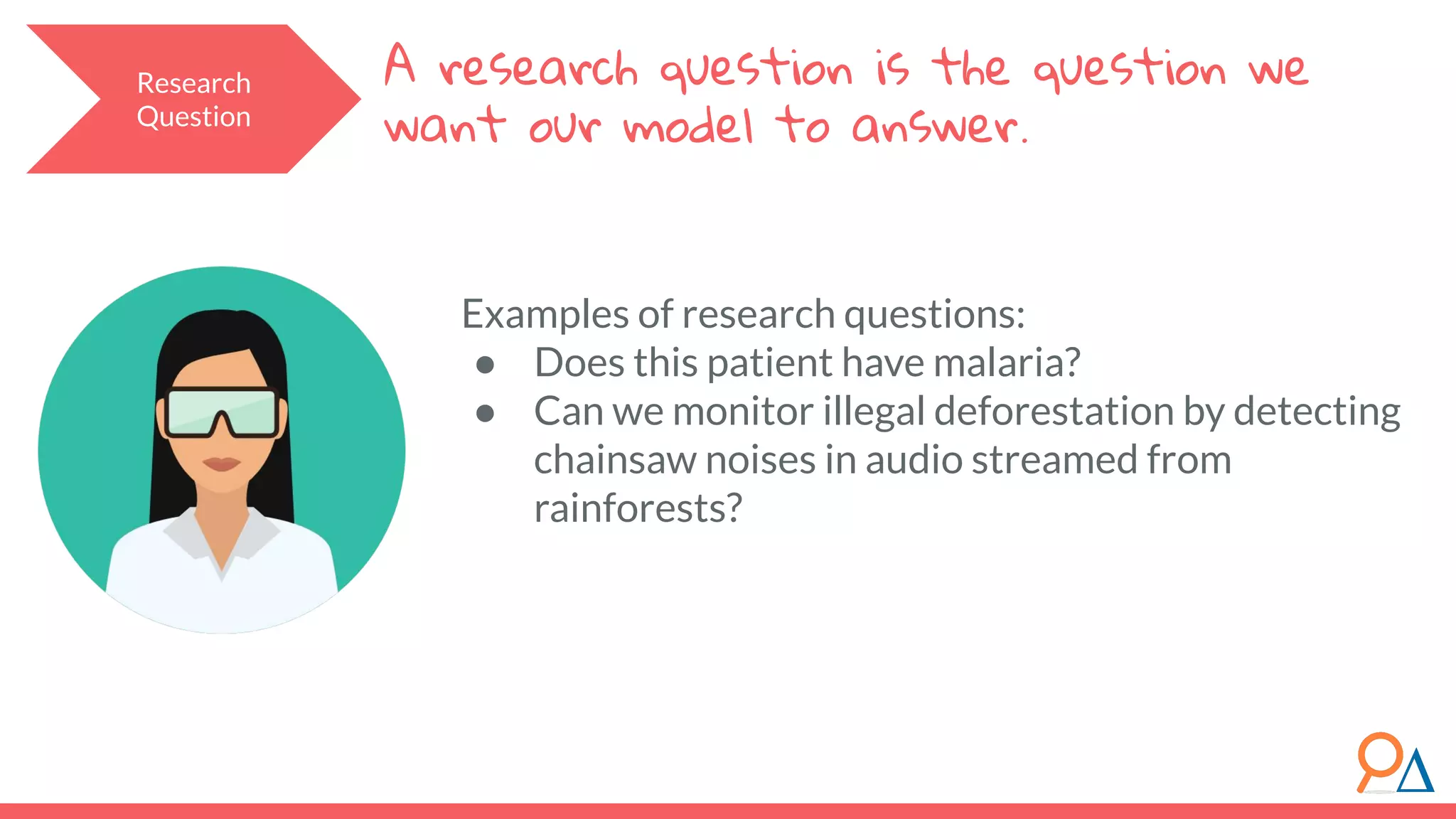 Examples of research questions:
● Does this patient have malaria?
● Can we monitor illegal deforestation by detecting
chainsaw noises in audio streamed from
rainforests?
A research question is the question we
want our model to answer.
Research
Question
 