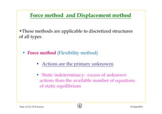 Force method and Displacement methodp
•These methods are applicable to discretized structures•These methods are applicable to discretized structures
of all types
• Force method (Flexibility method)
• Actions are the primary unknowns
• Static indeterminacy: excess of unknown
actions than the available number of equationsq
of static equilibrium
Dept. of CE, GCE Kannur Dr.RajeshKN
 