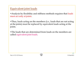 Equivalent joint loads
•Analysis by flexibility and stiffness methods requires that loads
must act only at joints
Equivalent joint loads
must act only at joints.
•Thus, loads acting on the members (i.e., loads that are not acting
at the joints) must be replaced by equivalent loads acting at the
joints.
•The loads that are determined from loads on the members are
called equivalent joint loads.
Dept. of CE, GCE Kannur Dr.RajeshKN
45
 