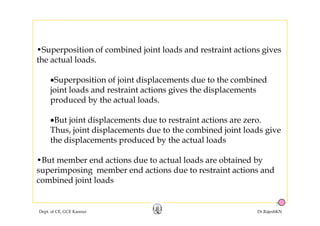 •Superposition of combined joint loads and restraint actions gives
the actual loads.the actual loads.
•Superposition of joint displacements due to the combined
j i l d d i i i h di ljoint loads and restraint actions gives the displacements
produced by the actual loads.
•But joint displacements due to restraint actions are zero.
Thus, joint displacements due to the combined joint loads give
th di l t d d b th t l l dthe displacements produced by the actual loads
•But member end actions due to actual loads are obtained byy
superimposing member end actions due to restraint actions and
combined joint loads
Dept. of CE, GCE Kannur Dr.RajeshKN
54
 