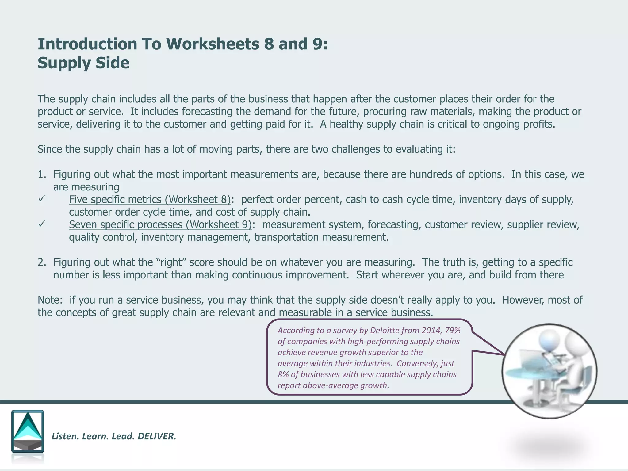 Listen. Learn. Lead. DELIVER.
Introduction To Worksheets 8 and 9:
Supply Side
The supply chain includes all the parts of the business that happen after the customer places their order for the
product or service. It includes forecasting the demand for the future, procuring raw materials, making the product or
service, delivering it to the customer and getting paid for it. A healthy supply chain is critical to ongoing profits.
Since the supply chain has a lot of moving parts, there are two challenges to evaluating it:
1. Figuring out what the most important measurements are, because there are hundreds of options. In this case, we
are measuring
 Five specific metrics (Worksheet 8): perfect order percent, cash to cash cycle time, inventory days of supply,
customer order cycle time, and cost of supply chain.
 Seven specific processes (Worksheet 9): measurement system, forecasting, customer review, supplier review,
quality control, inventory management, transportation measurement.
2. Figuring out what the “right” score should be on whatever you are measuring. The truth is, getting to a specific
number is less important than making continuous improvement. Start wherever you are, and build from there
Note: if you run a service business, you may think that the supply side doesn’t really apply to you. However, most of
the concepts of great supply chain are relevant and measurable in a service business.
According to a survey by Deloitte from 2014, 79%
of companies with high-performing supply chains
achieve revenue growth superior to the
average within their industries. Conversely, just
8% of businesses with less capable supply chains
report above-average growth.
 