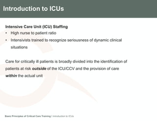 Components of the Gradian CCV SystemIntroduction to ICUs
Intensive Care Unit (ICU) Staffing
• High nurse to patient ratio
• Intensivists trained to recognize seriousness of dynamic clinical
situations
Care for critically ill patients is broadly divided into the identification of
patients at risk outside of the ICU/CCV and the provision of care
within the actual unit
Basic Principles of Critical Care Training I Introduction to ICUs
 
