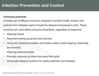Components of the Gradian CCV SystemInfection Prevention and Control
Universal practices
A simple set of effective practices designed to protect health workers and
patients from infection used to break the disease transmission cycle. These
practices are used when caring for all patients, regardless of diagnosis:
• Washing hands
• Decontaminating equipment and devices
• Using and disposing needles and sharps safely (avoid capping, especially
two-handed)
• Wearing protective items
• Promptly cleaning up blood and body fluid spills
• Using safe disposal systems for waste collection and disposal
Basic Principles of Critical Care Training I Infection Prevention and Control
 