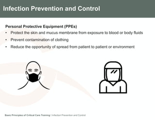 Components of the Gradian CCV SystemInfection Prevention and Control
Personal Protective Equipment (PPEs)
• Protect the skin and mucus membrane from exposure to blood or body fluids
• Prevent contamination of clothing
• Reduce the opportunity of spread from patient to patient or environment
Basic Principles of Critical Care Training I Infection Prevention and Control
 