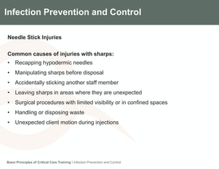 Components of the Gradian CCV SystemInfection Prevention and Control
Needle Stick Injuries
Common causes of injuries with sharps:
• Recapping hypodermic needles
• Manipulating sharps before disposal
• Accidentally sticking another staff member
• Leaving sharps in areas where they are unexpected
• Surgical procedures with limited visibility or in confined spaces
• Handling or disposing waste
• Unexpected client motion during injections
Basic Principles of Critical Care Training I Infection Prevention and Control
 