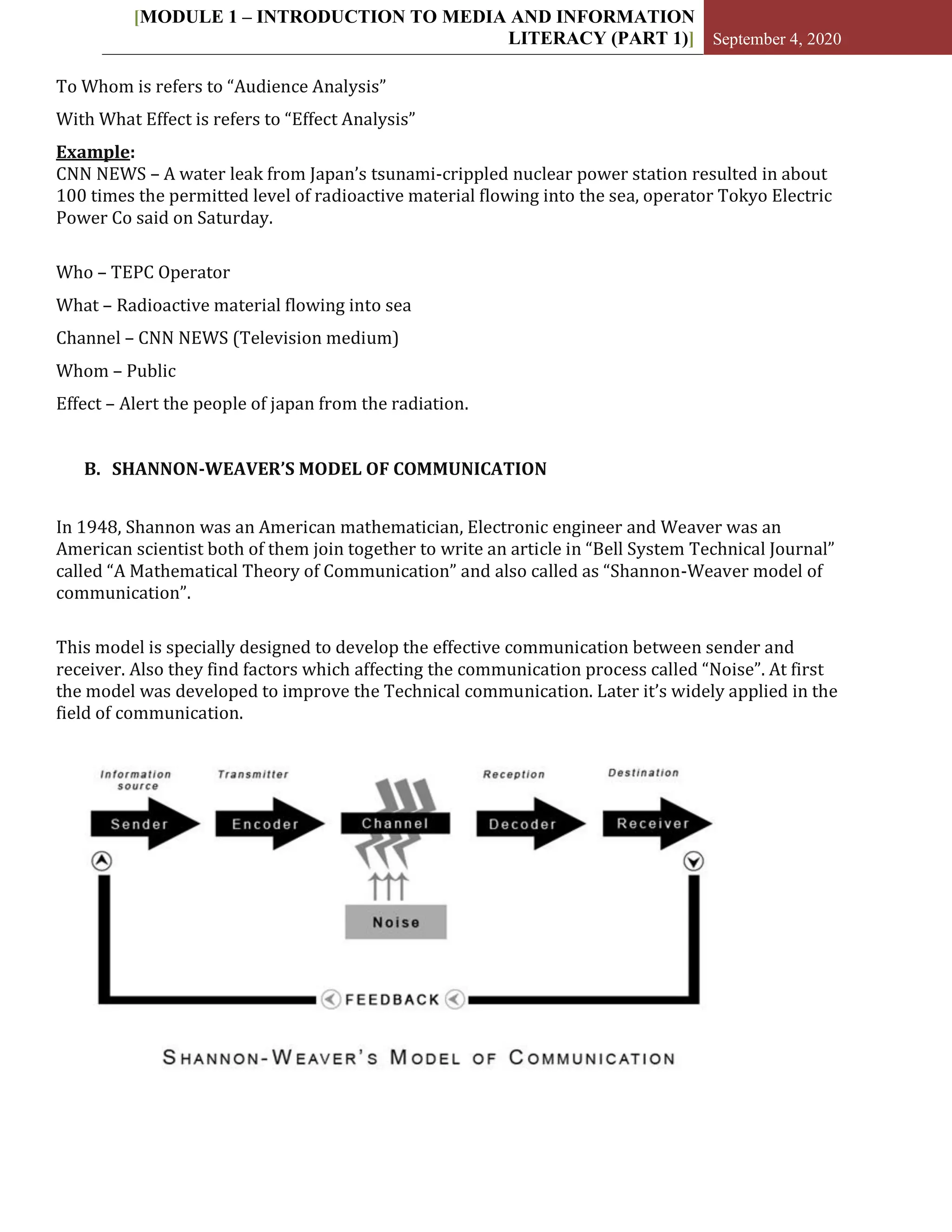 [MODULE 1 – INTRODUCTION TO MEDIA AND INFORMATION
LITERACY (PART 1)] September 4, 2020
To Whom is refers to “Audience Analysis”
With What Effect is refers to “Effect Analysis”
Example:
CNN NEWS – A water leak from Japan’s tsunami-crippled nuclear power station resulted in about
100 times the permitted level of radioactive material flowing into the sea, operator Tokyo Electric
Power Co said on Saturday.
Who – TEPC Operator
What – Radioactive material flowing into sea
Channel – CNN NEWS (Television medium)
Whom – Public
Effect – Alert the people of japan from the radiation.
B. SHANNON-WEAVER’S MODEL OF COMMUNICATION
In 1948, Shannon was an American mathematician, Electronic engineer and Weaver was an
American scientist both of them join together to write an article in “Bell System Technical Journal”
called “A Mathematical Theory of Communication” and also called as “Shannon-Weaver model of
communication”.
This model is specially designed to develop the effective communication between sender and
receiver. Also they find factors which affecting the communication process called “Noise”. At first
the model was developed to improve the Technical communication. Later it’s widely applied in the
field of communication.
 