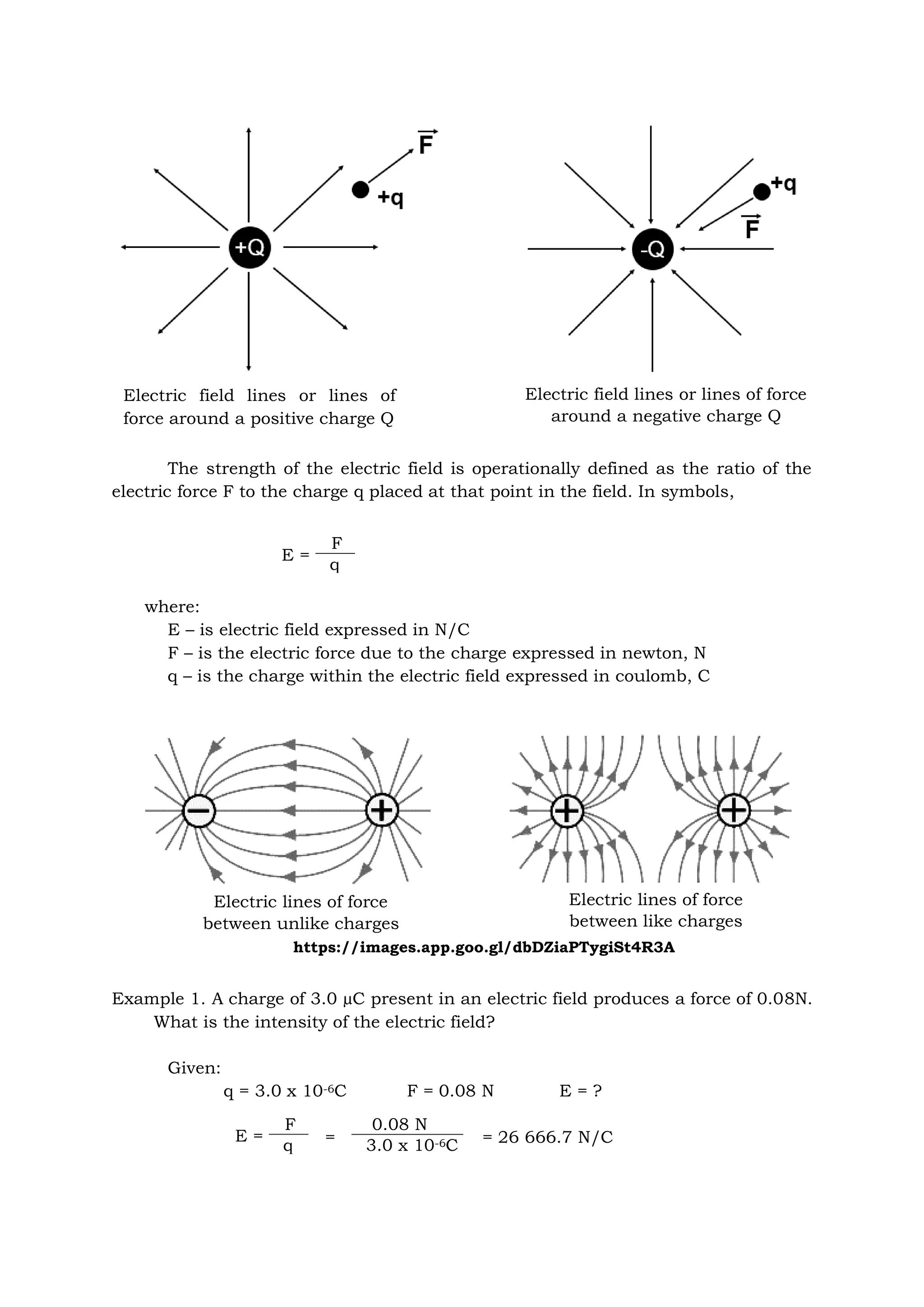 The strength of the electric field is operationally defined as the ratio of the
electric force F to the charge q placed at that point in the field. In symbols,
where:
E – is electric field expressed in N/C
F – is the electric force due to the charge expressed in newton, N
q – is the charge within the electric field expressed in coulomb, C
Example 1. A charge of 3.0 µC present in an electric field produces a force of 0.08N.
What is the intensity of the electric field?
Given:
q = 3.0 x 10-6C F = 0.08 N E = ?
= = 26 666.7 N/C
Electric field lines or lines of
force around a positive charge Q
Electric field lines or lines of force
around a negative charge Q
E =
F
q
Electric lines of force
between unlike charges
Electric lines of force
between like charges
https://images.app.goo.gl/dbDZiaPTygiSt4R3A
E =
F
q
0.08 N
3.0 x 10-6C
 