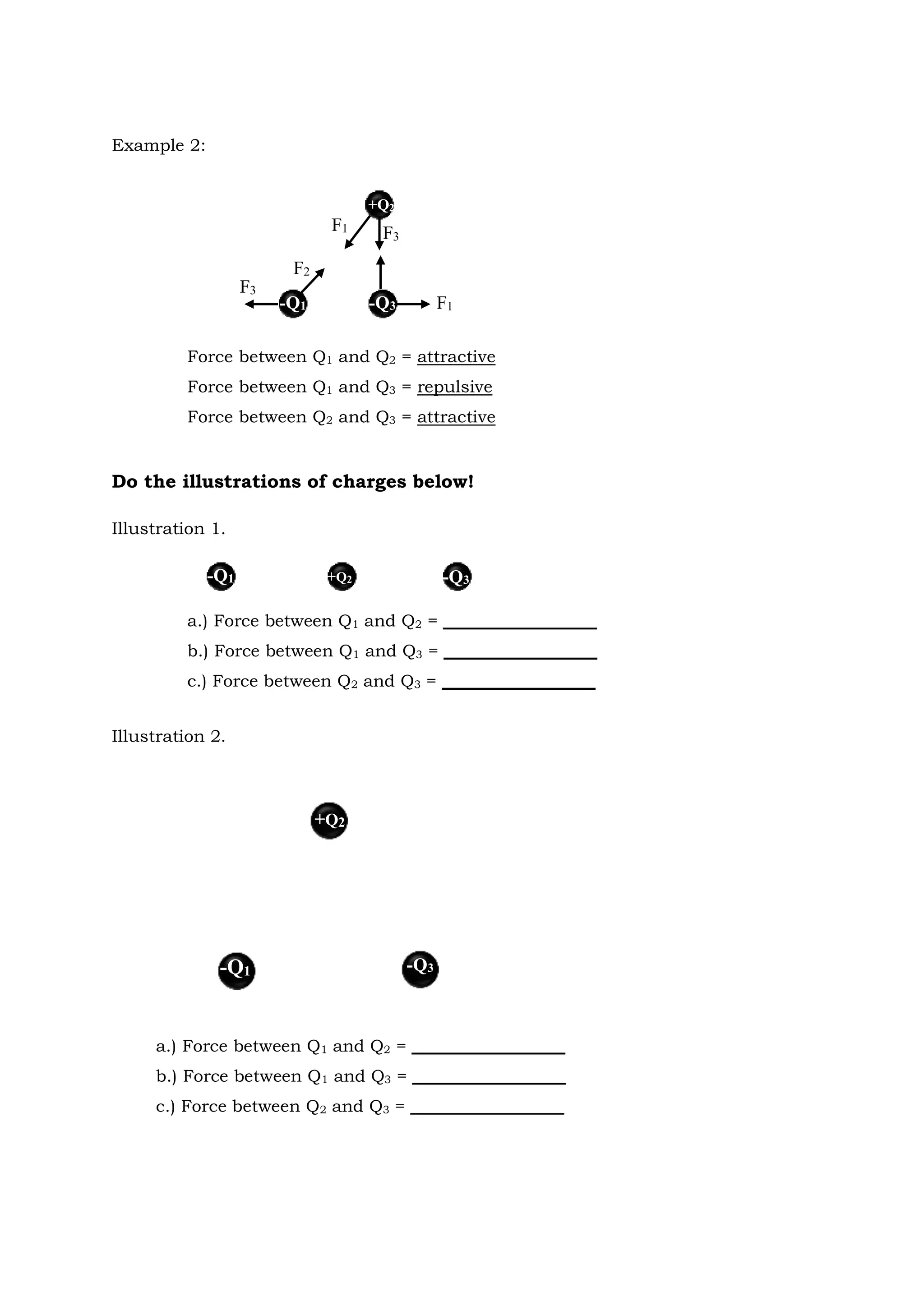 Example 2:
Do the illustrations of charges below!
Illustration 1.
Illustration 2.
F1
F3
+Q2
F2
-Q1 -Q3
F3
F1
Force between Q1 and Q2 = attractive
Force between Q1 and Q3 = repulsive
Force between Q2 and Q3 = attractive
+Q2
-Q1 -Q3
a.) Force between Q1 and Q2 = __________________
b.) Force between Q1 and Q3 = __________________
c.) Force between Q2 and Q3 = __________________
+Q2
-Q1 -Q3
a.) Force between Q1 and Q2 = __________________
b.) Force between Q1 and Q3 = __________________
c.) Force between Q2 and Q3 = __________________
 