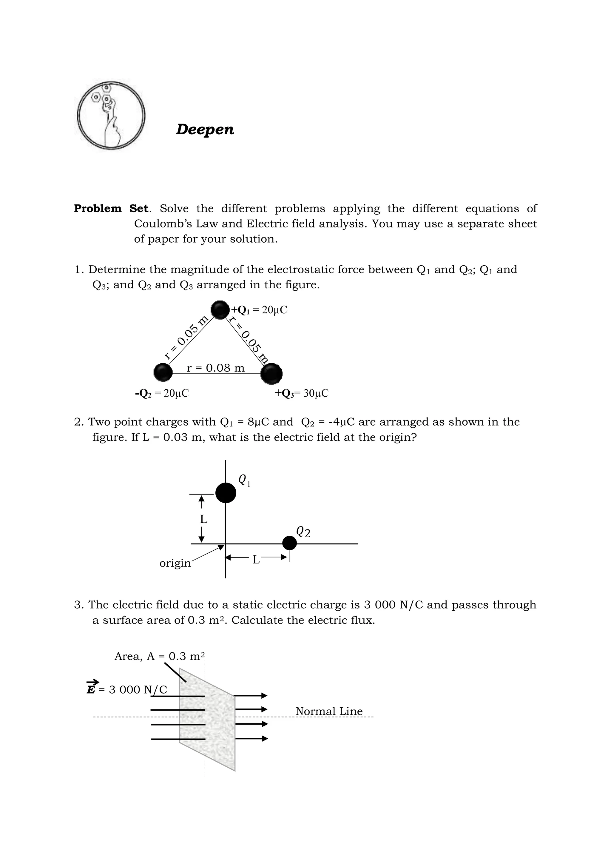 Deepen
Problem Set. Solve the different problems applying the different equations of
Coulomb’s Law and Electric field analysis. You may use a separate sheet
of paper for your solution.
1. Determine the magnitude of the electrostatic force between Q1 and Q2; Q1 and
Q3; and Q2 and Q3 arranged in the figure.
2. Two point charges with Q1 = 8µC and Q2 = -4µC are arranged as shown in the
figure. If L = 0.03 m, what is the electric field at the origin?
3. The electric field due to a static electric charge is 3 000 N/C and passes through
a surface area of 0.3 m2. Calculate the electric flux.
𝑄1
L
L
𝑄2
origin
+Q1 = 20µC
-Q2 = 20µC +Q3= 30µC
r = 0.08 m
Area, A = 0.3 m2
E = 3 000 N/C
Normal Line
 