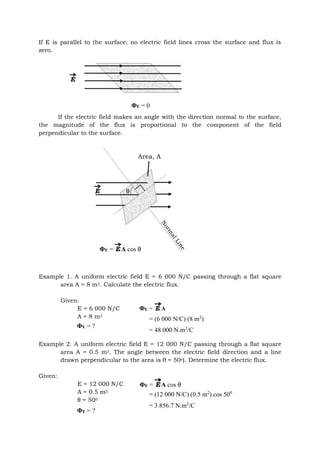 If E is parallel to the surface, no electric field lines cross the surface and flux is
zero.
If the electric field makes an angle with the direction normal to the surface,
the magnitude of the flux is proportional to the component of the field
perpendicular to the surface.
Example 1. A uniform electric field E = 6 000 N/C passing through a flat square
area A = 8 m2. Calculate the electric flux.
Given:
E = 6 000 N/C
A = 8 m2
Example 2. A uniform electric field E = 12 000 N/C passing through a flat square
area A = 0.5 m2. The angle between the electric field direction and a line
drawn perpendicular to the area is θ = 50o). Determine the electric flux.
Given:
E = 12 000 N/C
A = 0.5 m2
θ = 500
E
ΦE = 0
Area, A
θ
ΦE = A cos θ
E
E
ΦE = ?
= (6 000 N/C) (8 m2
)
= 48 000 N.m2
/C
ΦE = A
E
ΦE = ?
= (12 000 N/C) (0.5 m2
) cos 500
= 3 856.7 N.m2
/C
ΦE = A cos θ
E
 