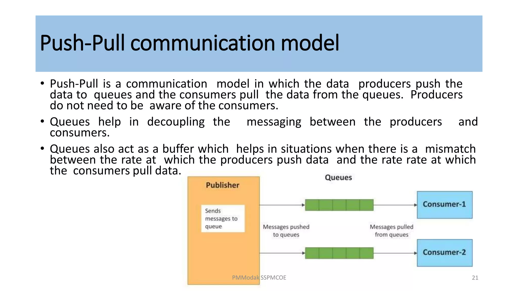 Push-Pull communication model
• Push-Pull is a communication model in which the data producers push the
data to queues and the consumers pull the data from the queues. Producers
do not need to be aware of the consumers.
• Queues help in decoupling the messaging between the producers and
consumers.
• Queues also act as a buffer which helps in situations when there is a mismatch
between the rate at which the producers push data and the rate rate at which
the consumers pull data.
PMModak SSPMCOE 21
 