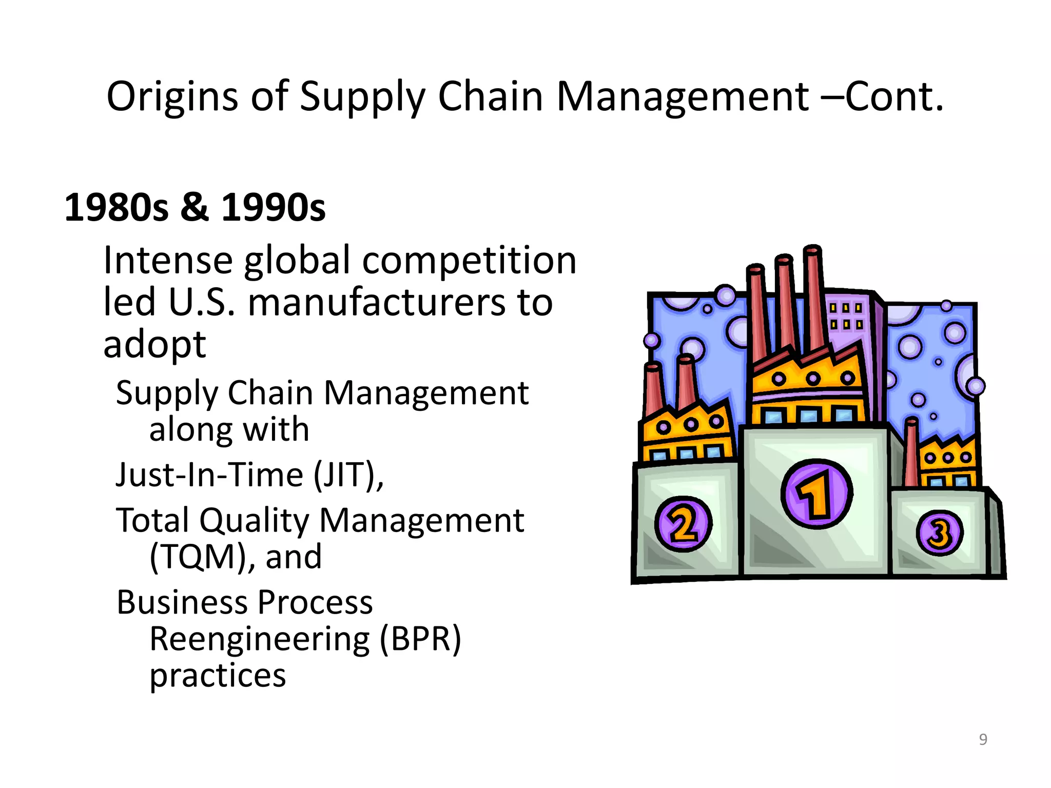 Principles of Supply Chain Management: A Balanced Approach by Wisner, Leong, and Tan.
© 2005 Thomson Business and Professional Publishing
9
Origins of Supply Chain Management –Cont.
1980s & 1990s
Intense global competition
led U.S. manufacturers to
adopt
Supply Chain Management
along with
Just-In-Time (JIT),
Total Quality Management
(TQM), and
Business Process
Reengineering (BPR)
practices
 
