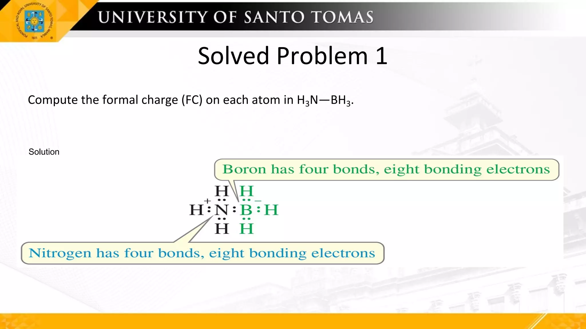 Solved Problem 1
Compute the formal charge (FC) on each atom in H3N—BH3.
Solution
 