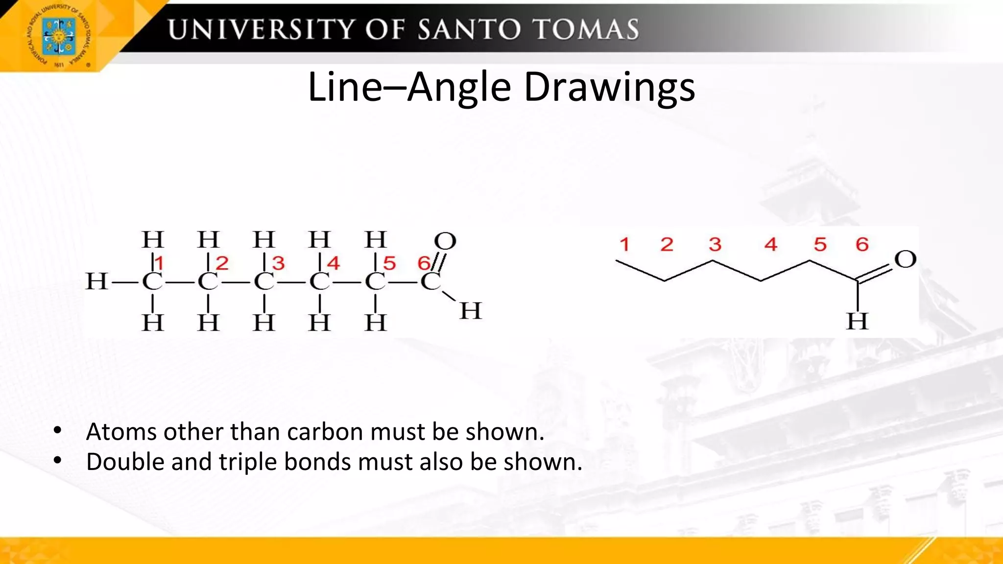 Line–Angle Drawings
• Atoms other than carbon must be shown.
• Double and triple bonds must also be shown.
 