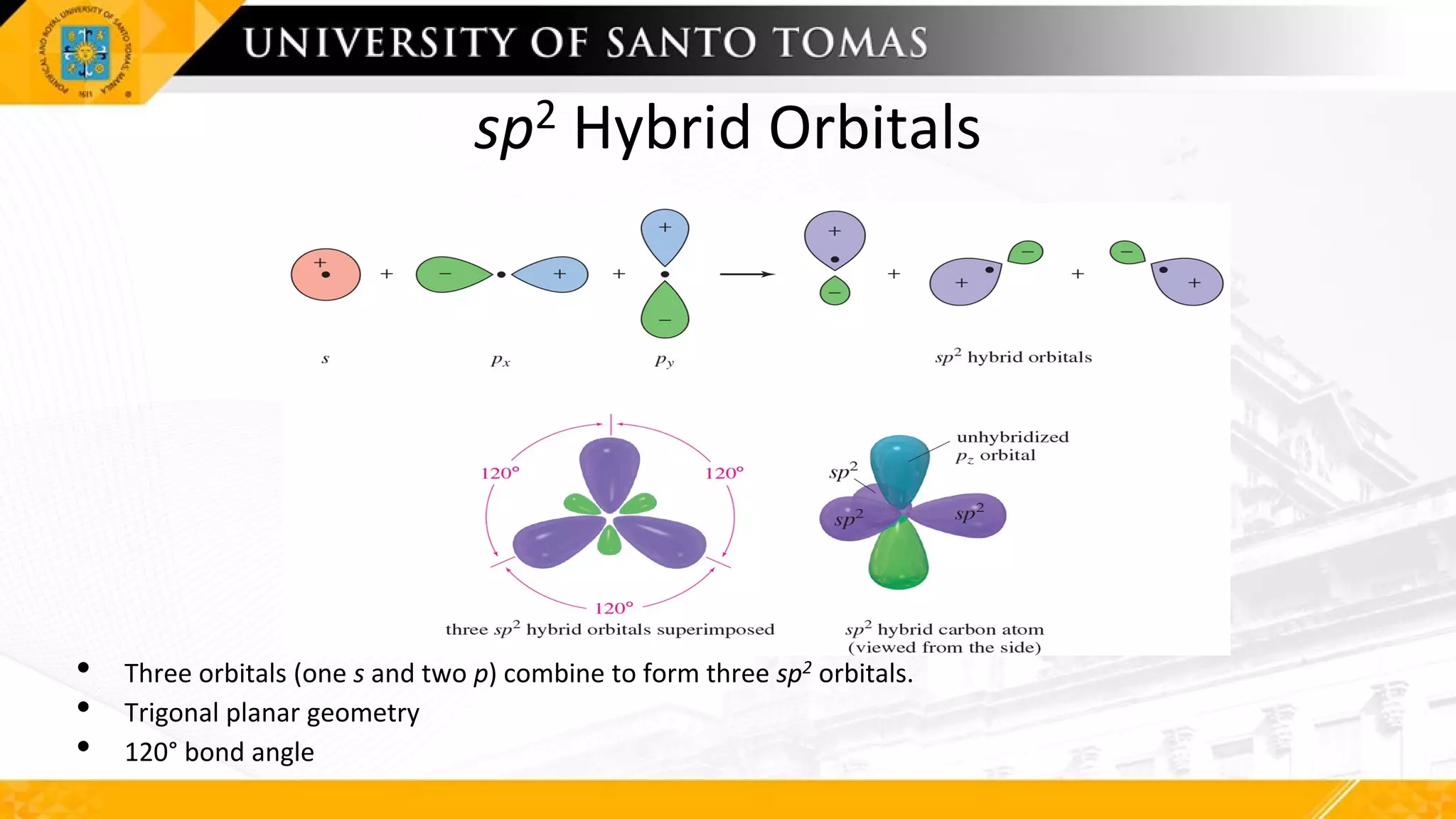 sp2 Hybrid Orbitals
• Three orbitals (one s and two p) combine to form three sp2 orbitals.
• Trigonal planar geometry
• 120° bond angle
 