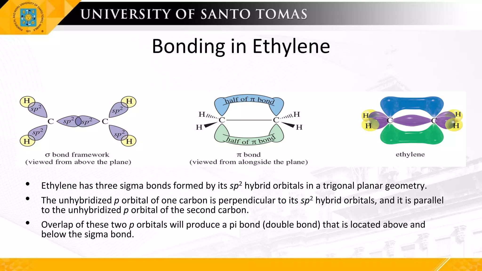 Bonding in Ethylene
• Ethylene has three sigma bonds formed by its sp2 hybrid orbitals in a trigonal planar geometry.
• The unhybridized p orbital of one carbon is perpendicular to its sp2 hybrid orbitals, and it is parallel
to the unhybridized p orbital of the second carbon.
• Overlap of these two p orbitals will produce a pi bond (double bond) that is located above and
below the sigma bond.
 