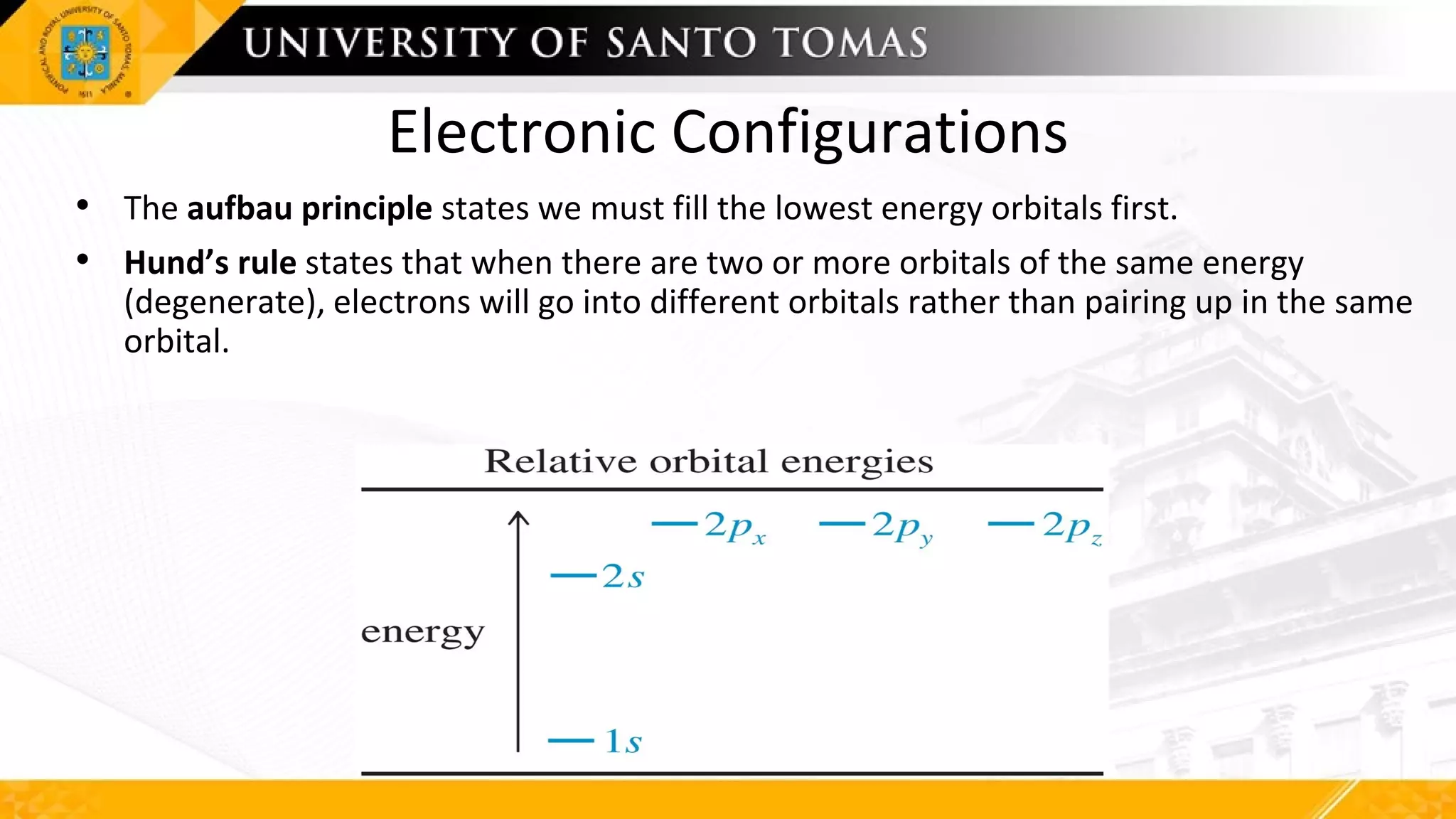 Electronic Configurations
• The aufbau principle states we must fill the lowest energy orbitals first.
• Hund’s rule states that when there are two or more orbitals of the same energy
(degenerate), electrons will go into different orbitals rather than pairing up in the same
orbital.
 