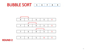 BUBBLE SORT
31
8 7 6 5 9
7 8 6 5 9
7 6 8 5 9
7 6 5 8 9
5 6 7 8 9
ROUND 2
 
