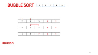 BUBBLE SORT
32
7 6 5 8 9
6 7 5 8 9
6 5 7 8 9
5 6 7 8 9
ROUND 3
 