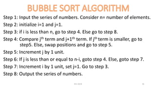 Step 1: Input the series of numbers. Consider n= number of elements.
Step 2: initialize i=1 and j=1.
Step 3: if i is less than n, go to step 4. Else go to step 8.
Step 4: Compare jth term and j+1th term. If jth term is smaller, go to
step5. Else, swap positions and go to step 5.
Step 5: Increment j by 1 unit.
Step 6: If j is less than or equal to n-i, goto step 4. Else, goto step 7.
Step 7: Increment i by 1 unit, set j=1. Go to step 3.
Step 8: Output the series of numbers.
KSC-GECB 36
 