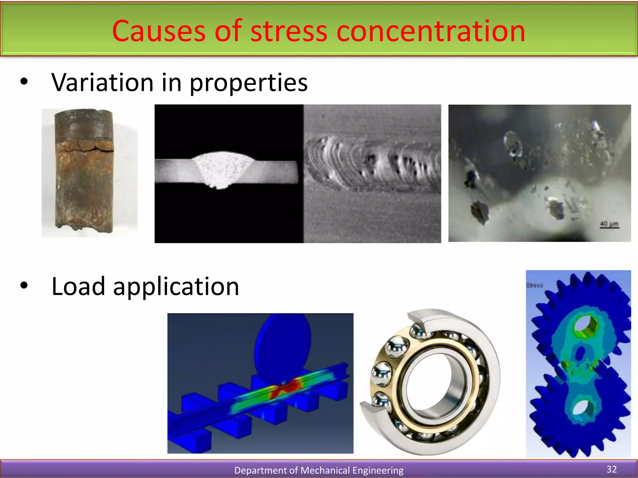 Causes of stress concentration
Department of Mechanical Engineering 32
• Variation in properties
• Load application
 