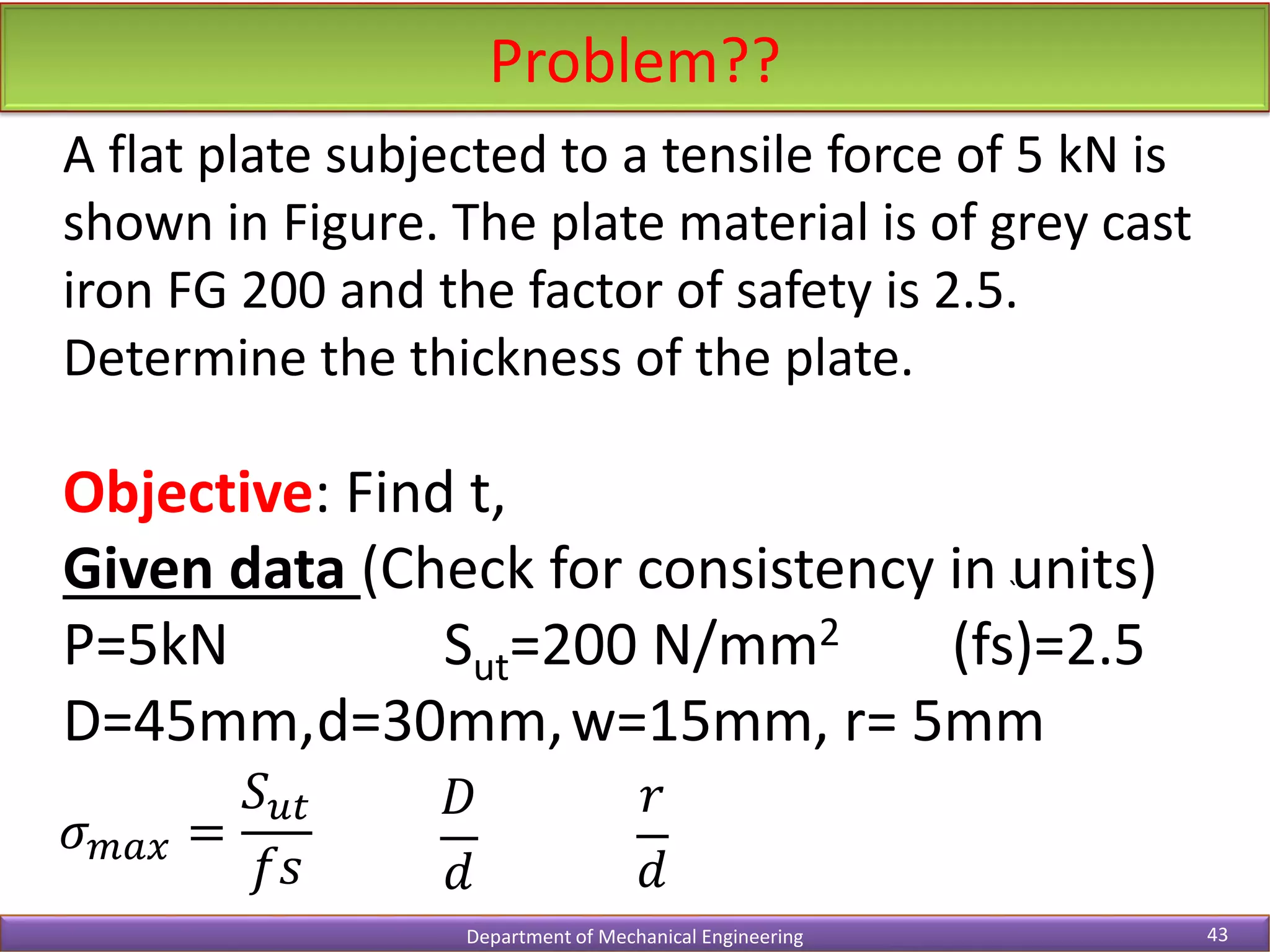 Problem??
Department of Mechanical Engineering 43
A flat plate subjected to a tensile force of 5 kN is
shown in Figure. The plate material is of grey cast
iron FG 200 and the factor of safety is 2.5.
Determine the thickness of the plate.
Objective: Find t,
Given data (Check for consistency in units)
P=5kN Sut=200 N/mm2 (fs)=2.5
D=45mm,d=30mm,w=15mm, r= 5mm
𝜎𝑚𝑎𝑥 =
𝑆𝑢𝑡
𝑓𝑠
𝐷
𝑑
𝑟
𝑑
`
 