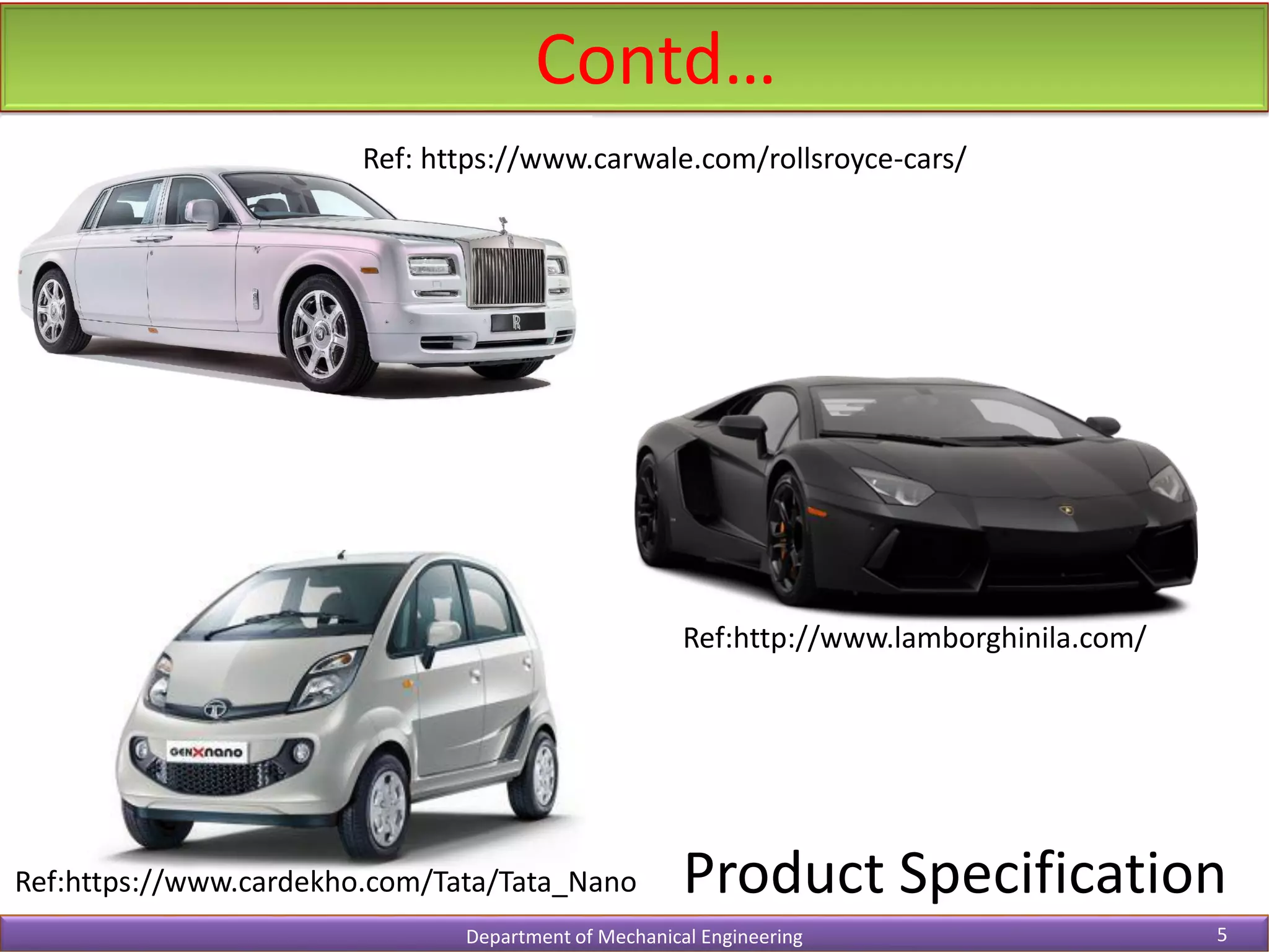 Contd…
Department of Mechanical Engineering 5
Ref: https://www.carwale.com/rollsroyce-cars/
Ref:http://www.lamborghinila.com/
Ref:https://www.cardekho.com/Tata/Tata_Nano Product Specification
 