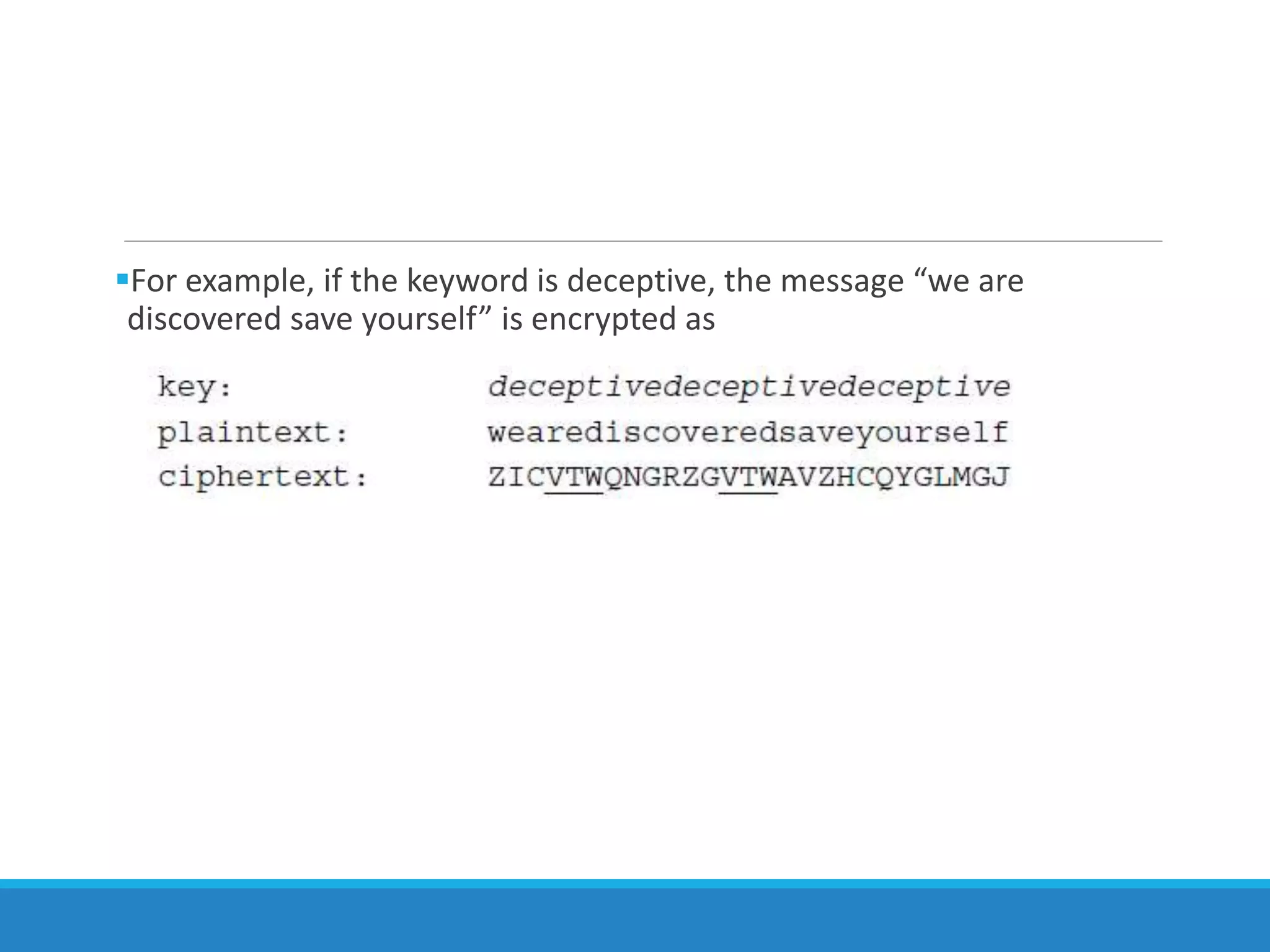 For example, if the keyword is deceptive, the message “we are
discovered save yourself” is encrypted as
 
