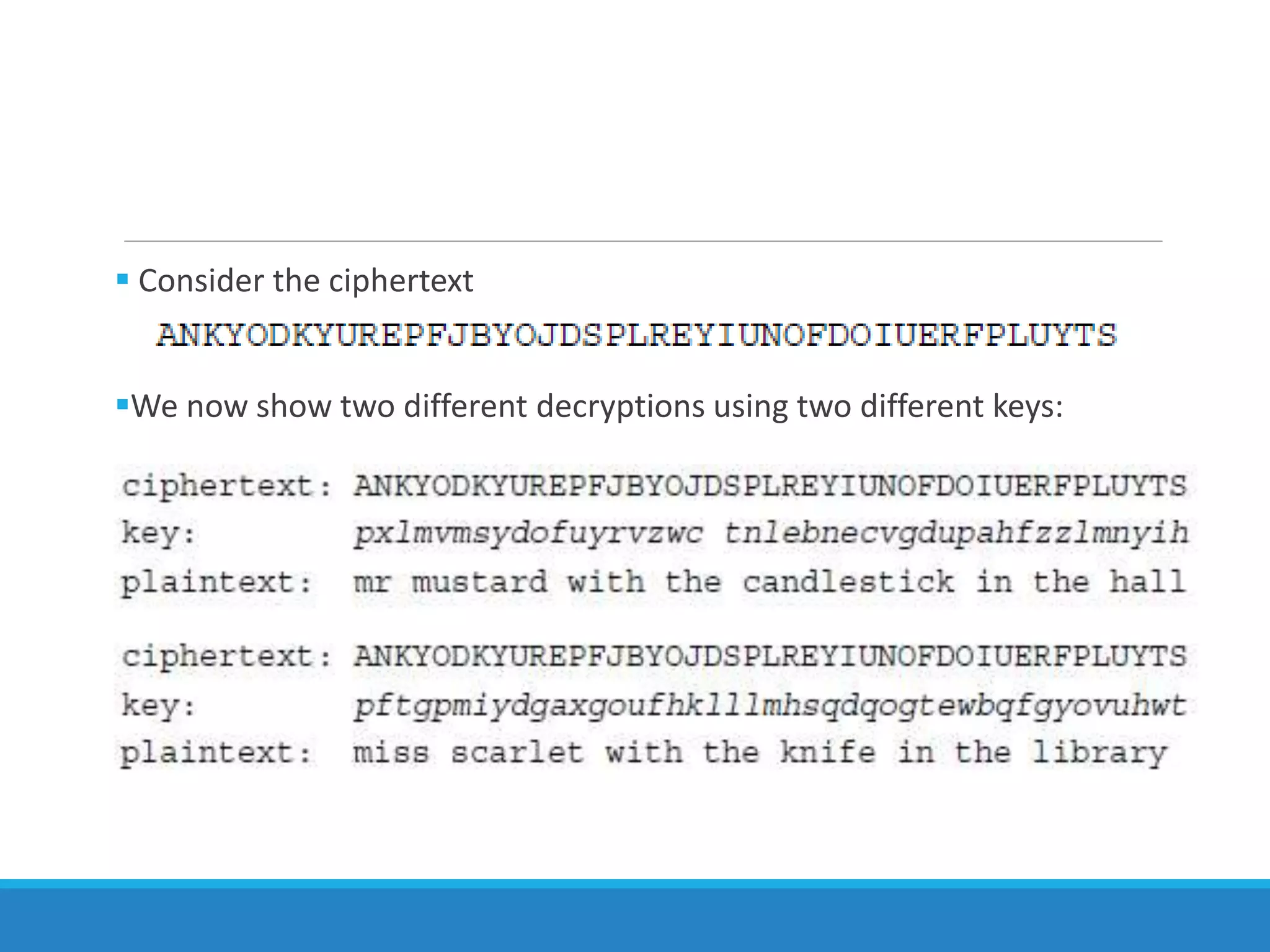  Consider the ciphertext
We now show two different decryptions using two different keys:
 