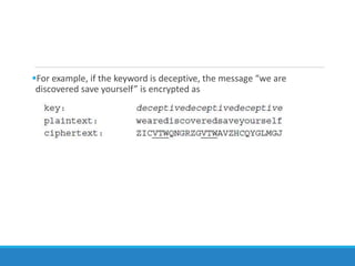 For example, if the keyword is deceptive, the message “we are
discovered save yourself” is encrypted as
 
