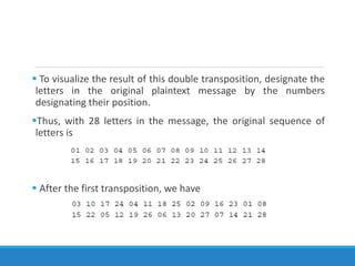  To visualize the result of this double transposition, designate the
letters in the original plaintext message by the numbers
designating their position.
Thus, with 28 letters in the message, the original sequence of
letters is
 After the first transposition, we have
 