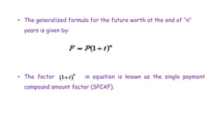 • The generalized formula for the future worth at the end of “n”
years is given by:
• The factor in equation is known as the single payment
compound amount factor (SPCAF).
 