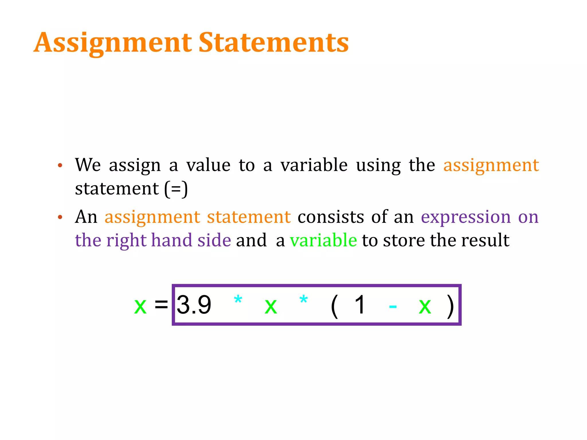 Assignment Statements
• We assign a value to a variable using the assignment
statement (=)
• An assignment statement consists of an expression on
the right hand side and a variable to store the result
x = 3.9 * x * ( 1 - x )
 
