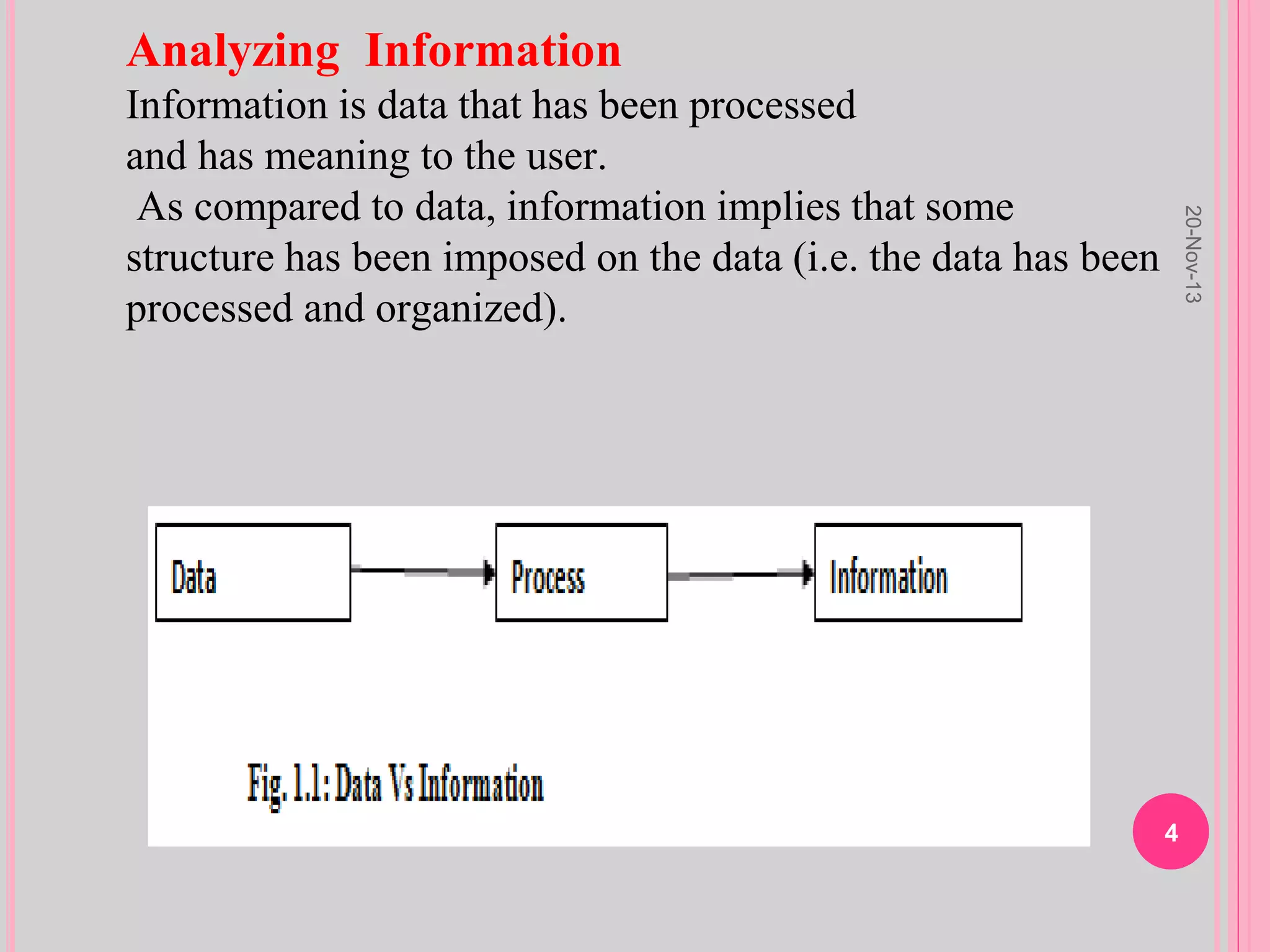 Analyzing Information
Information is data that has been processed
and has meaning to the user.
As compared to data, information implies that some
structure has been imposed on the data (i.e. the data has been
processed and organized).
20-Nov-13
4
 