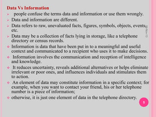 Data Vs Information
 people confuse the terms data and information or use them wrongly.
 Data and information are different.
 Data refers to raw, unevaluated facts, figures, symbols, objects, events,
etc.
 Data may be a collection of facts lying in storage, like a telephone
directory or census records.
 Information is data that have been put in to a meaningful and useful
context and communicated to a recipient who uses it to make decisions.
 Information involves the communication and reception of intelligence
and knowledge.
 It reduces uncertainty, reveals additional alternatives or helps eliminate
irrelevant or poor ones, and influences individuals and stimulates them
to action.
 An element of data may constitute information in a specific context; for
example, when you want to contact your friend, his or her telephone
number is a piece of information;
 otherwise, it is just one element of data in the telephone directory.
20-Nov-13
5
 