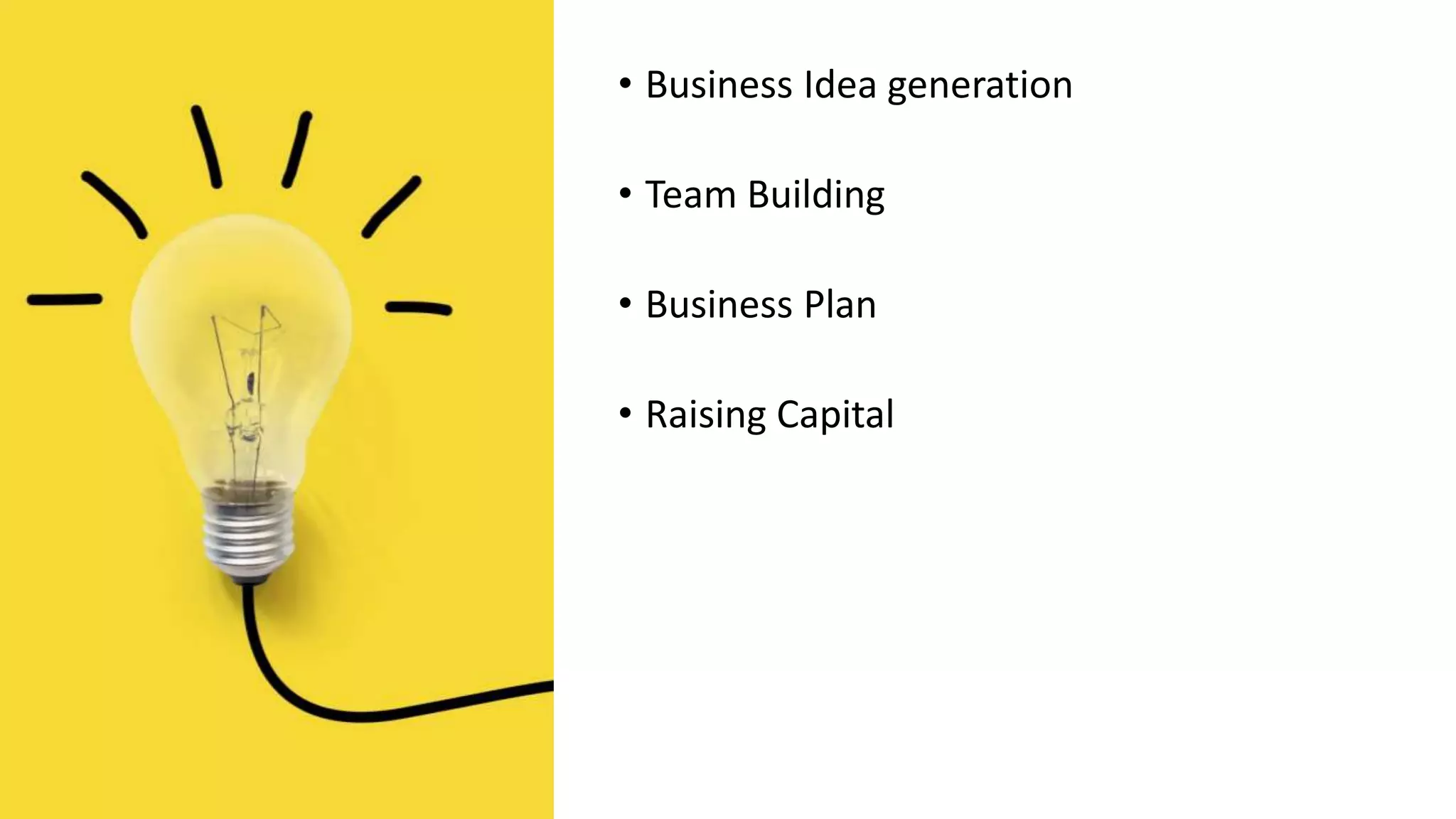 • Business Idea generation
• Team Building
• Business Plan
• Raising Capital
 