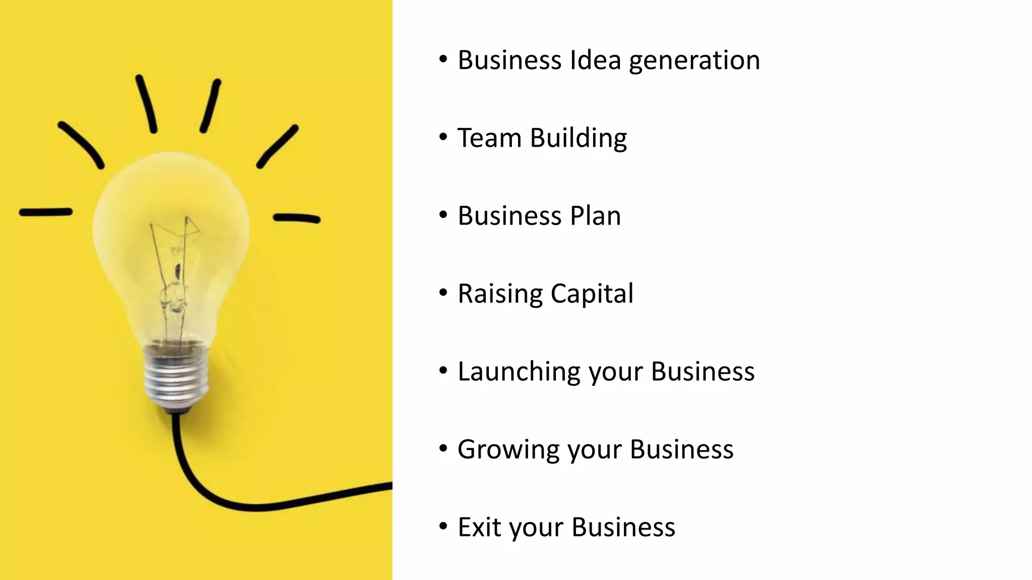 • Business Idea generation
• Team Building
• Business Plan
• Raising Capital
• Launching your Business
• Growing your Business
• Exit your Business
 