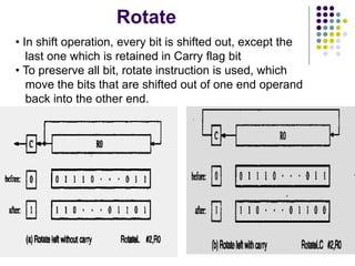 142
Rotate
• In shift operation, every bit is shifted out, except the
last one which is retained in Carry flag bit
• To preserve all bit, rotate instruction is used, which
move the bits that are shifted out of one end operand
back into the other end.
 